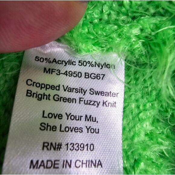 Show Me your MuMu Cropped Varsity Sweater Bright Green Fuzzy Size XS - Picture 6 of 7